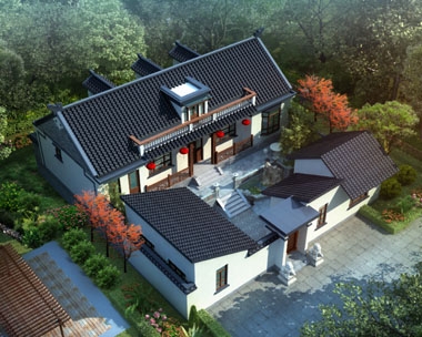 占地332平方AT227一層半中式小四合院別墅建筑設(shè)計圖紙17.58mx18.9m